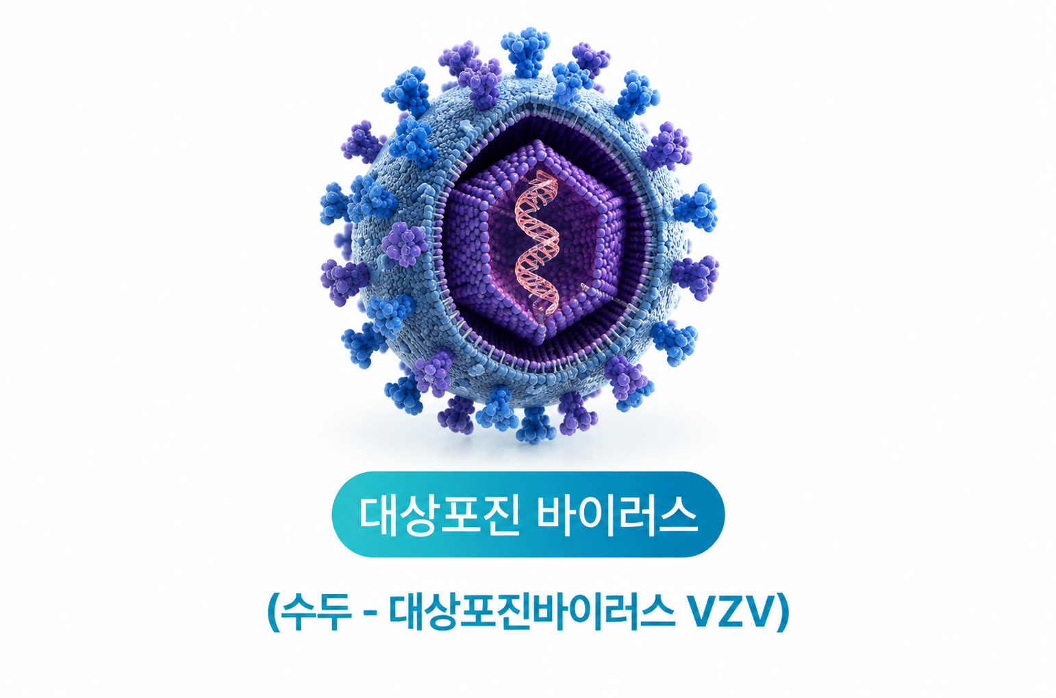 수두 대상포진 바이러스 구조를 설명하는 의료 이미지