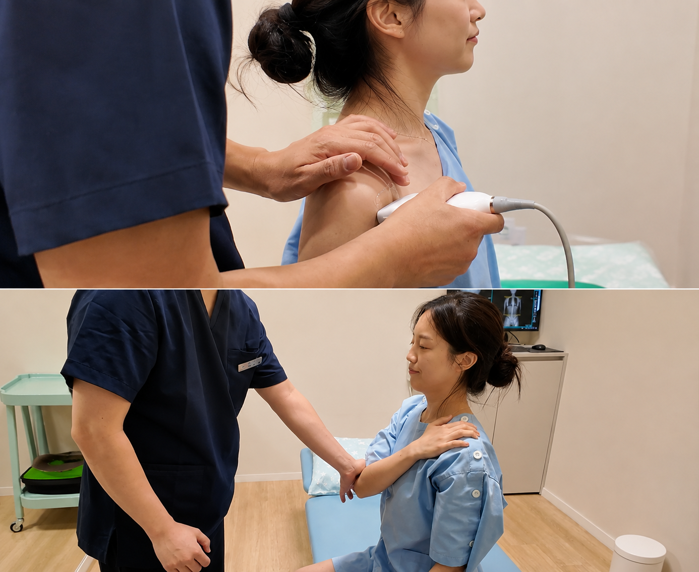 어깨 초음파와 팔 가동범위를 함께 확인하는 진료 장면