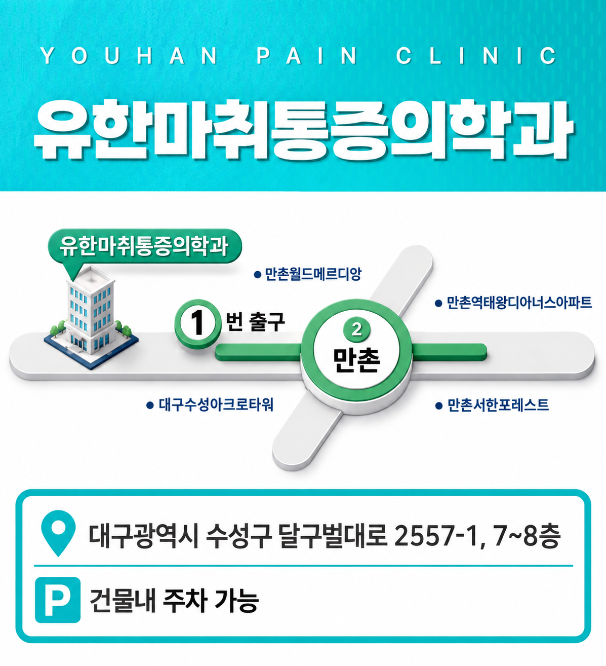 유한마취통증의학과 건물 외관과 방문 위치 안내 이미지